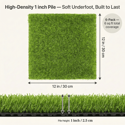 CNDRLEF 6 Pack Artificial Grass Mat Squares, 12 x 12 Inch Fake Turf Tiles, 1 Inch Thick, Drainage Holes, Indoor Outdoor for Patio Balcony DIY Decor