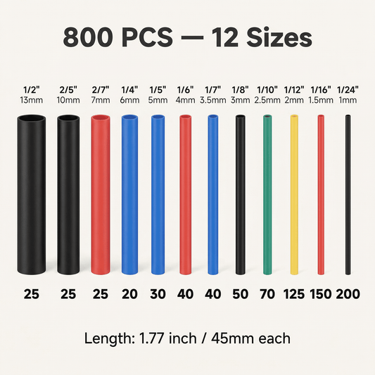CNDRLEF Heat Shrink Tubing Kit, 800PCS 12 Sizes 2:1 Polyolefin Wire Shrink Wrap Tubes, 45mm Multicolor with Case for Cable Repair