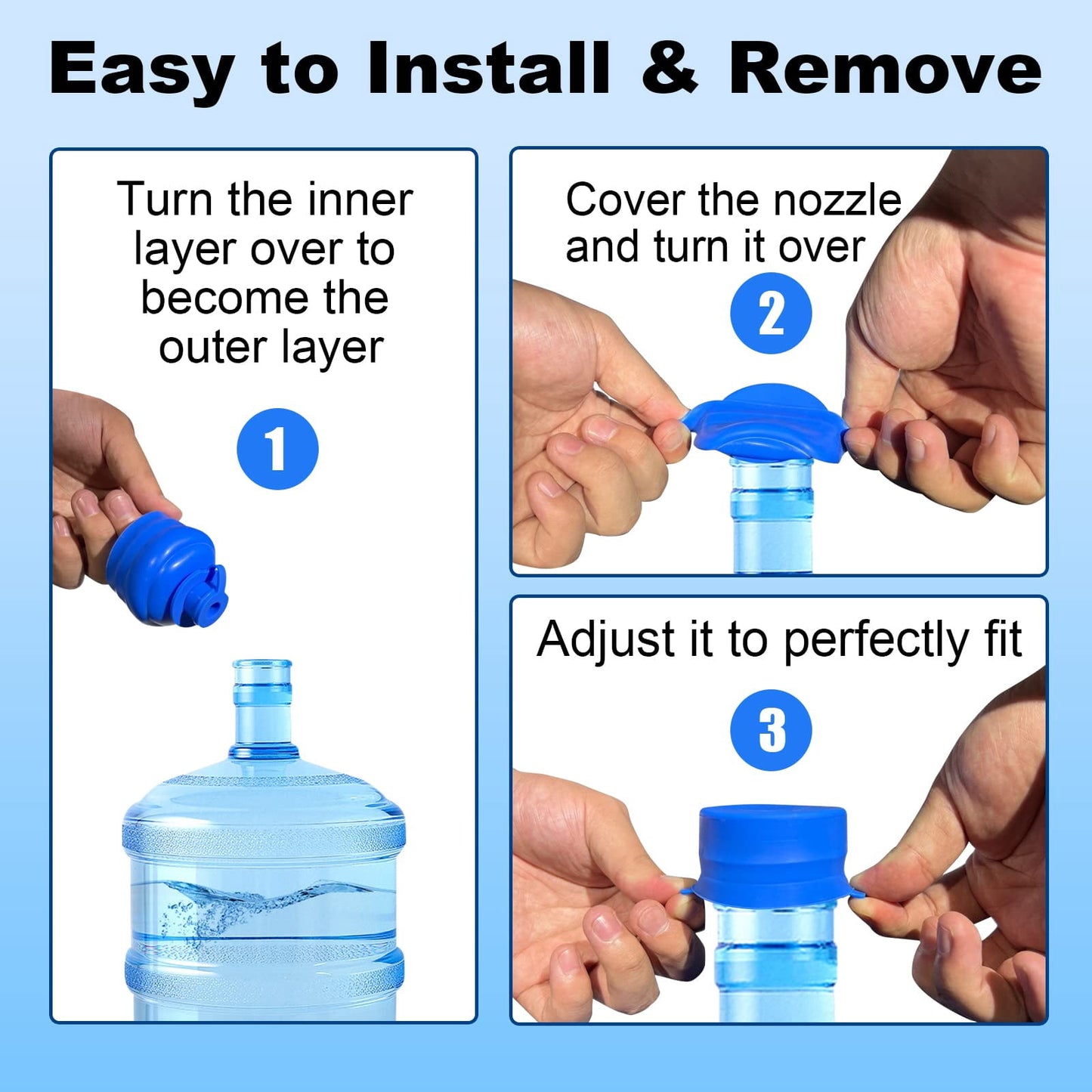 CNDRLEF 4 Pack 55mm Water Jug Caps for 3 & 5 Gallon Bottles, Reusable Food-Grade Silicone, Leakproof Non-Spill for Standard, Screw and Crown Tops