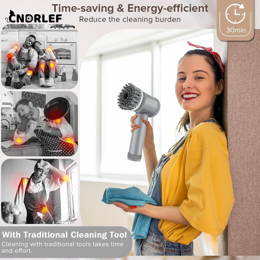 CNDRLEF Electric Spin Scrubber - Cordless 6-in-1 Multipurpose Scrubber for Bathroom, Kitchen, Tile, Sink with 6 Brush Heads, 350RPM, IPX6 Waterproof & 100Min Battery Life