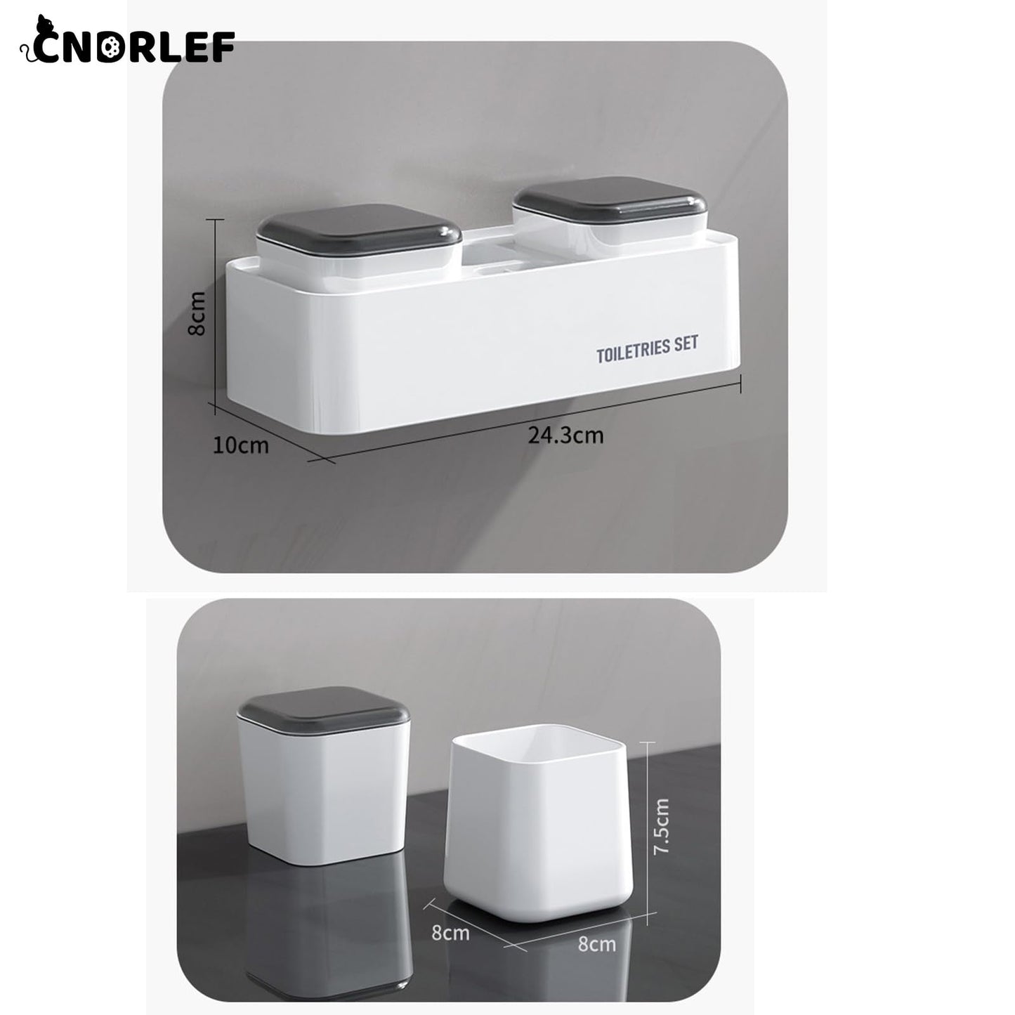 CNDRLEF Wall Mount Toothbrush Holder with 2 Black Lid Cups, Adhesive, Electric Brush Hanger & Toothpaste Shelf