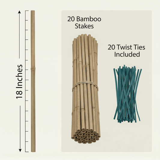 CNDRLEF Natural Bamboo Plant Stakes, 18 Inch Garden Support Sticks for Tomatoes, Orchids, Peppers & Potted Plants, 20 Pack with 20 Twist Ties