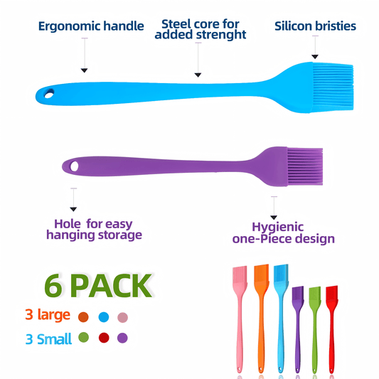 CNDRLEF 6-Pack Silicone Basting Brushes (3 Large & 3 Small), Heat Resistant Up to 480°F, Food Grade One-Piece Pastry Brushes for Baking, BBQ, Cooking, Basting Sauce, Oil, Marinade