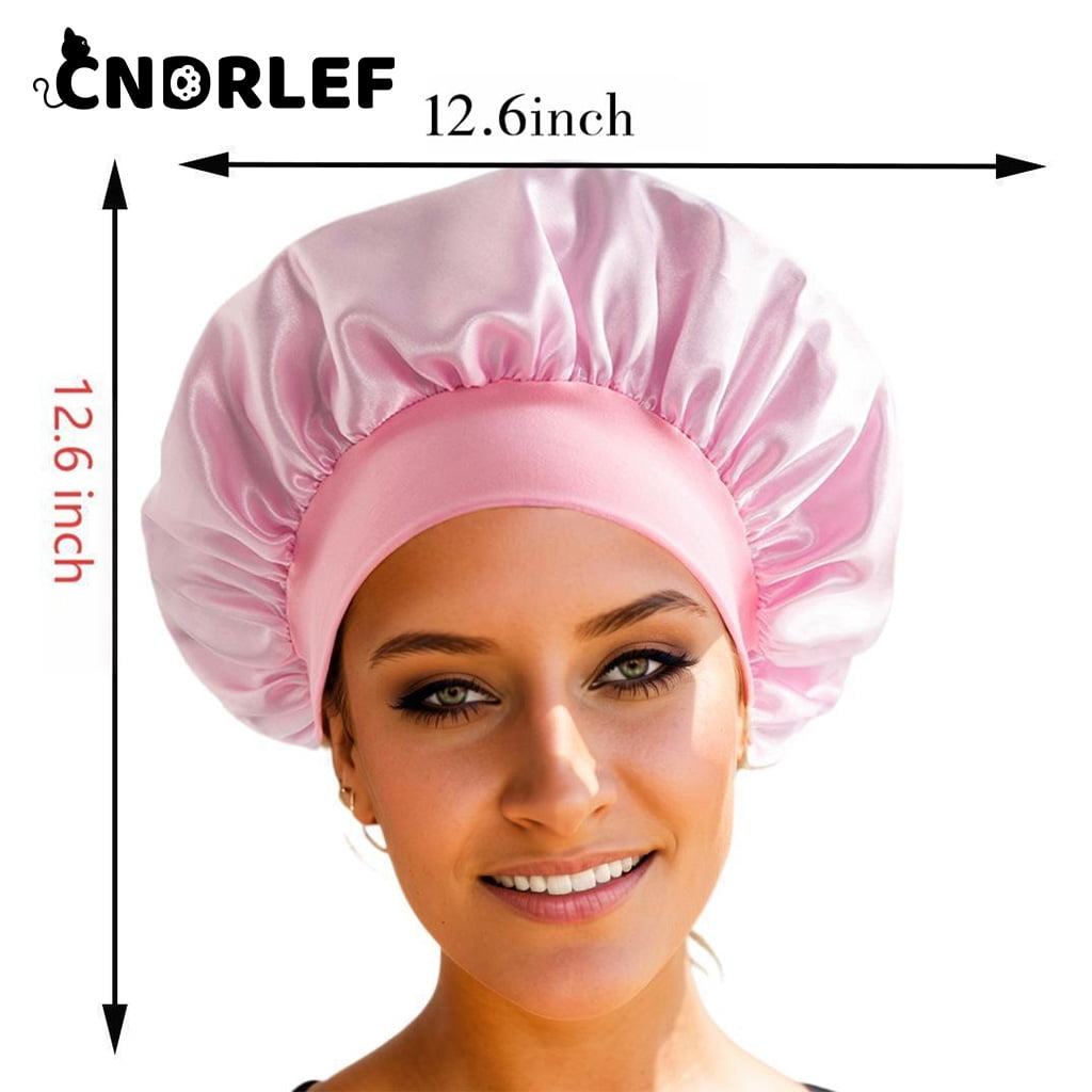 CNDRLEF 4PCS Luxury Satin Sleep Bonnets - Elastic Wide Band Hair Wrap for Curly & Natural Hair, Extra Room, Shower Cap, Works for All Hair Styles/Lengths (Pink, Leopard, Black, Peacock Green)