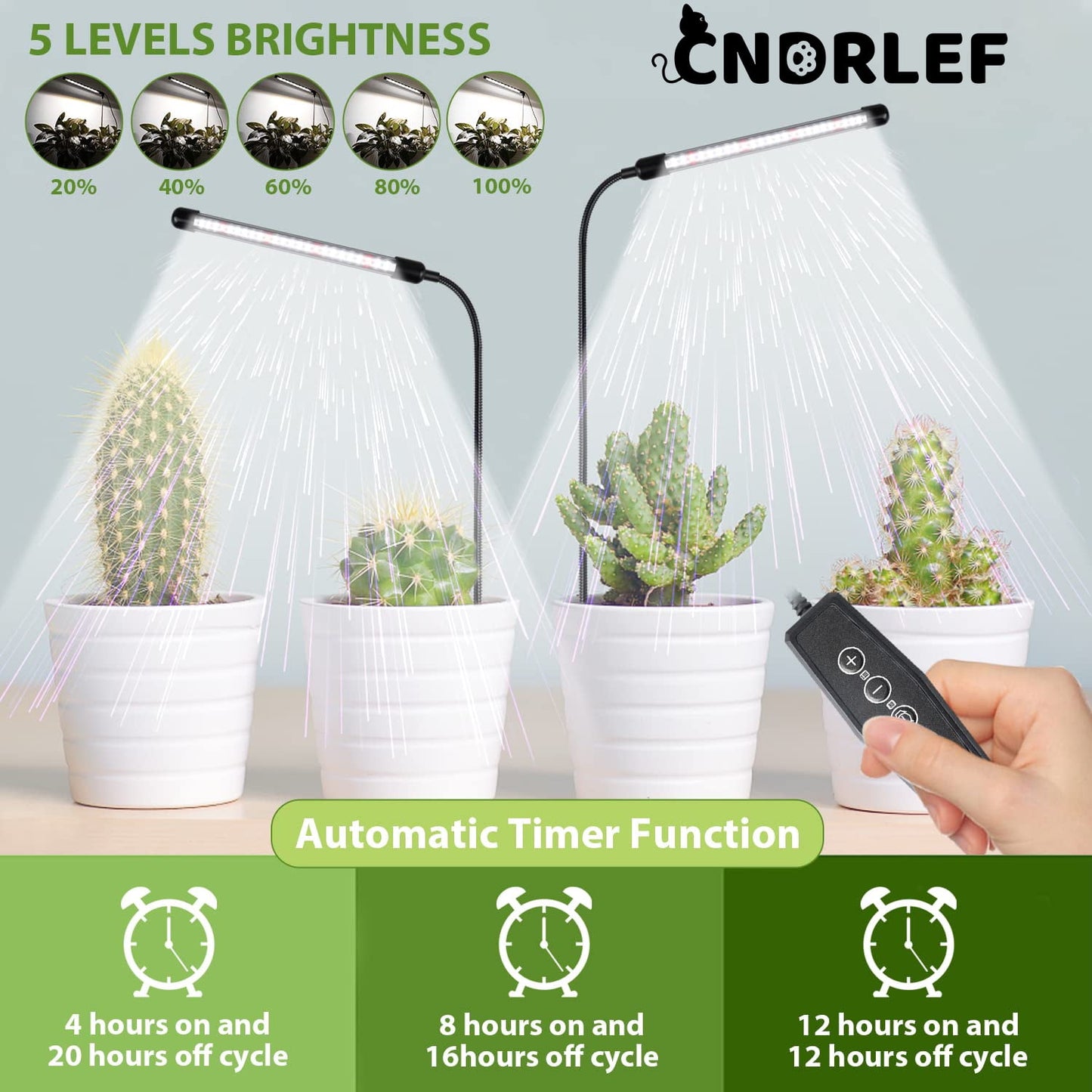 CNDRLEF 6000K Full Spectrum Grow Light for Indoor Plants, Gooseneck Plant Lamp with Auto On/Off Timer & 5 Dimming Modes