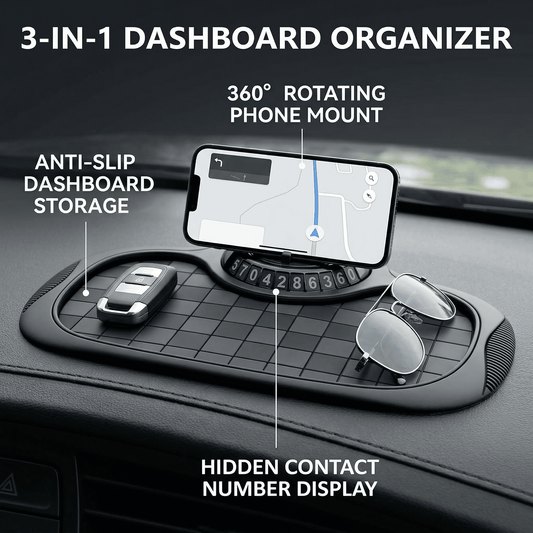 CNDRLEF Car Dashboard Organizer with Phone Holder and Parking Number Plate, Anti Slip Dash Mat, 360 Rotating Mount, 6 Number Sticker Sheets