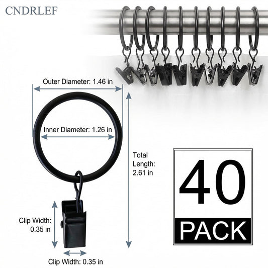CNDRLEF Curtain Rings with Clips, 40 Pack Heavy Duty Black Drapery Clip Rings, Metal Curtain Clip Rings for Curtains, Drapes, Photos and Home Decor, 1.26 in Inner Diameter