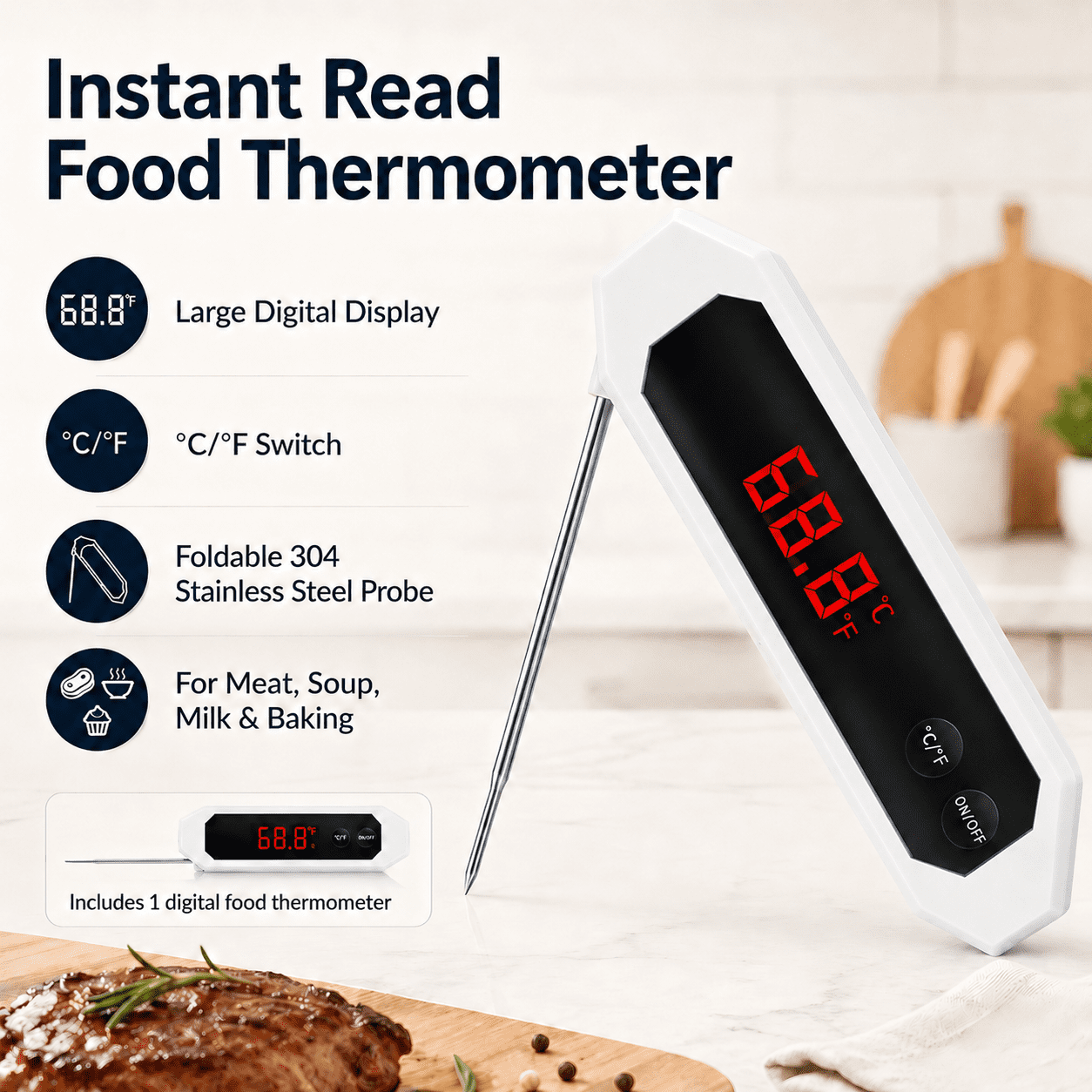 CNDRLEF 3-Piece Kitchen Thermometer Set, Digital Meat Food Thermometer with 2 Refrigerator Freezer Thermometers for Cooking, Grill, Fridge, Freezer