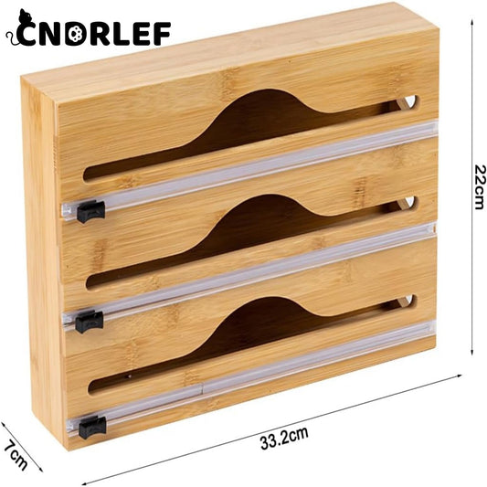 CNDRLEF 3 in 1 Wrap Organizer with Cutter , Plastic Wrap, Aluminum Foil and Wax Bamboo Dispenser for Kitchen Storage Organization Holder for 12" Roll (Natural)