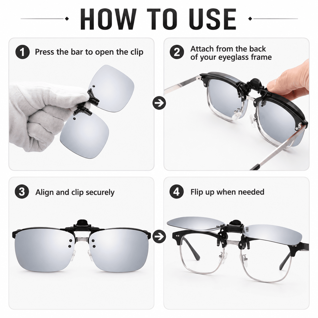 CNDRLEF 2 Pairs Polarized Clip-On Sunglasses, Flip-Up UV400 Anti-Glare TAC Lenses for Prescription Glasses, Dark Gray & Silver Mirror