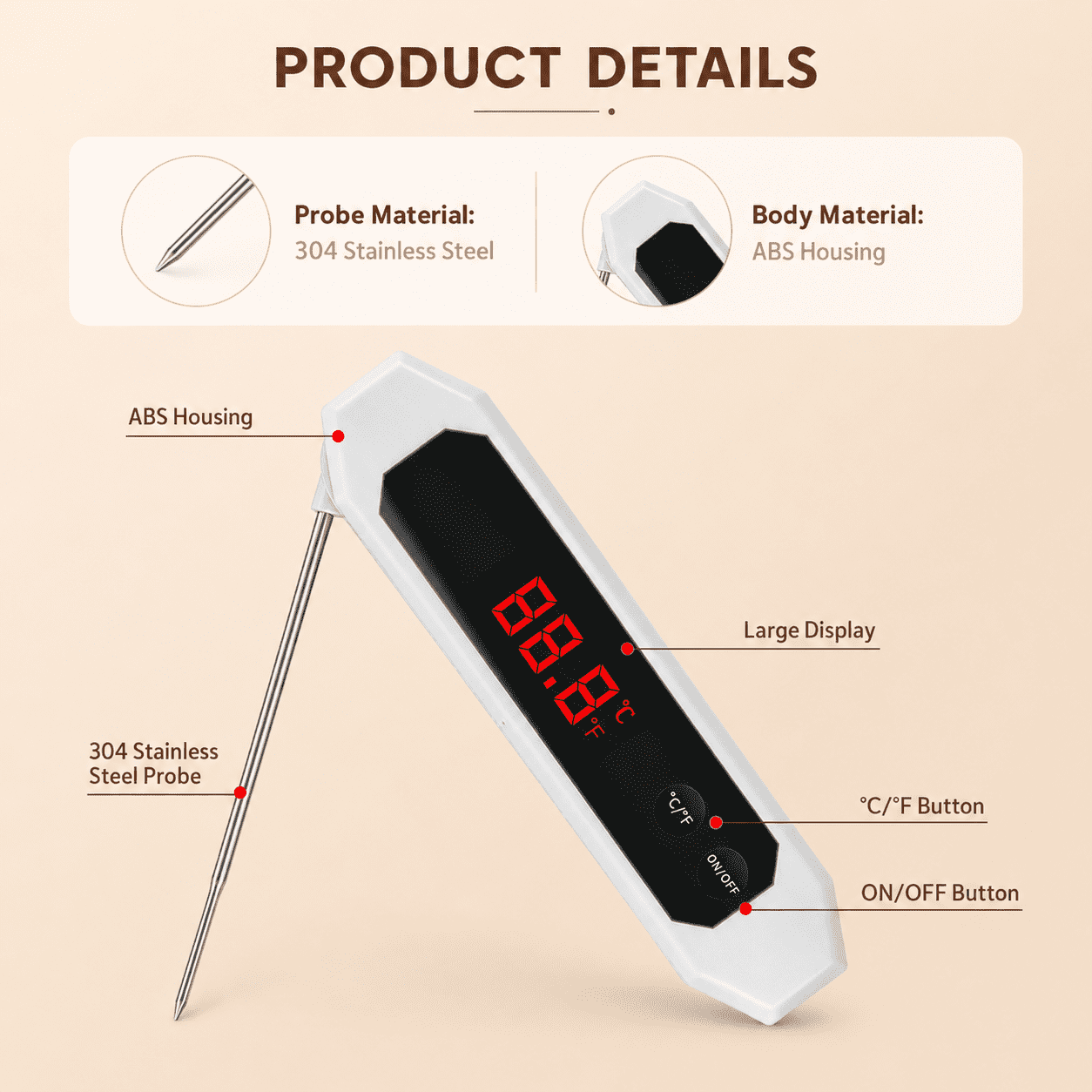 CNDRLEF Digital Meat Thermometer, Instant Read Food Thermometer with Foldable 304 Stainless Steel Probe for Cooking, BBQ, Grill, Frying, White