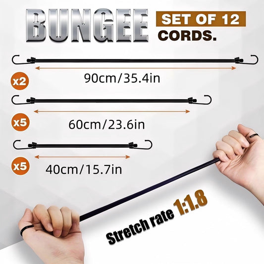 CNDRLEF 12-Pack Heavy Duty Bungee Cords with Hooks, 8mm Elastic Rope Set for Outdoor, Camping, Bike Tarp, Luggage & Storage (5x15.7in, 5x23.6in, 2x35.4in) - 77LBS Tensile Strength