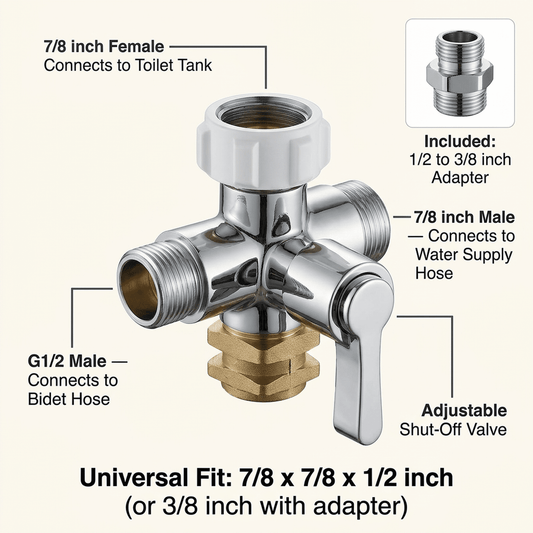 CNDRLEF Bidet T Adapter with Shut-Off Valve, Solid Brass 7/8 x 7/8 x 1/2 Tee Connector, 3/8 Adapter Included for Toilet Bidet Sprayer