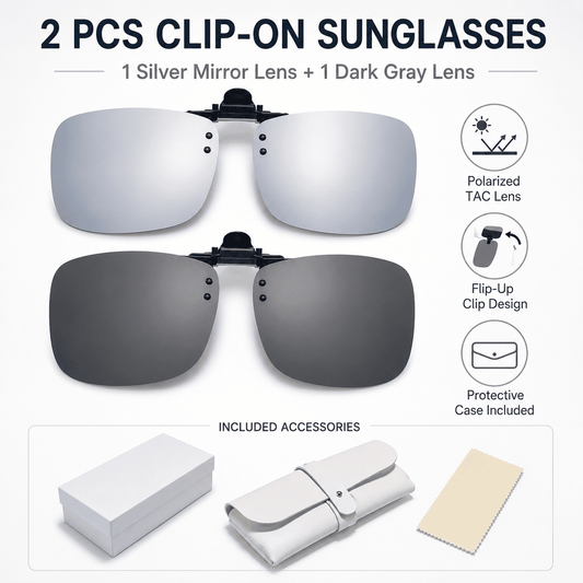 CNDRLEF 2 Pairs Polarized Clip-On Sunglasses, Flip-Up UV400 Anti-Glare TAC Lenses for Prescription Glasses, Dark Gray & Silver Mirror