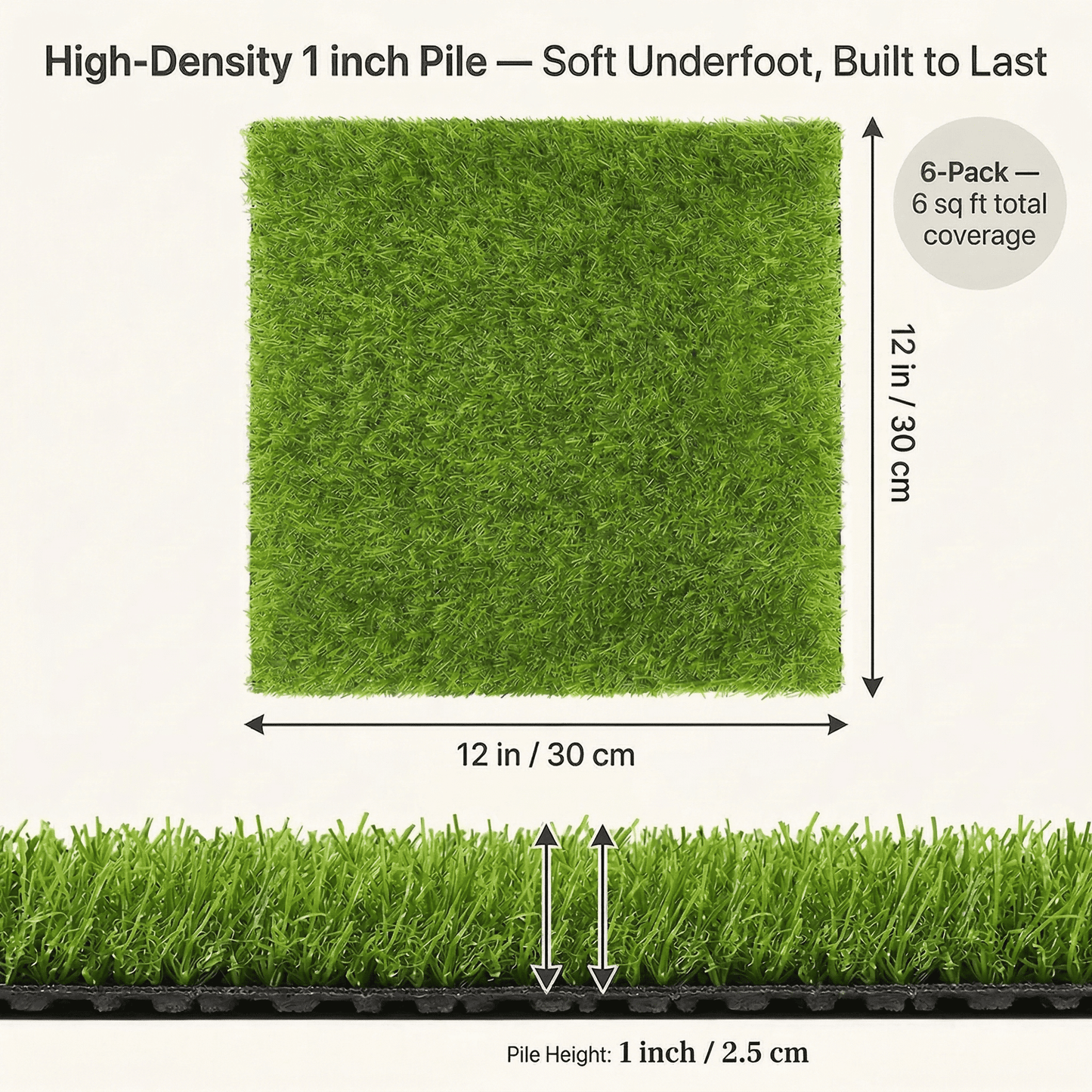 CNDRLEF 6 Pack Artificial Grass Mat Squares, 12 x 12 Inch Fake Turf Tiles, 1 Inch Thick, Drainage Holes, Indoor Outdoor for Patio Balcony DIY Decor