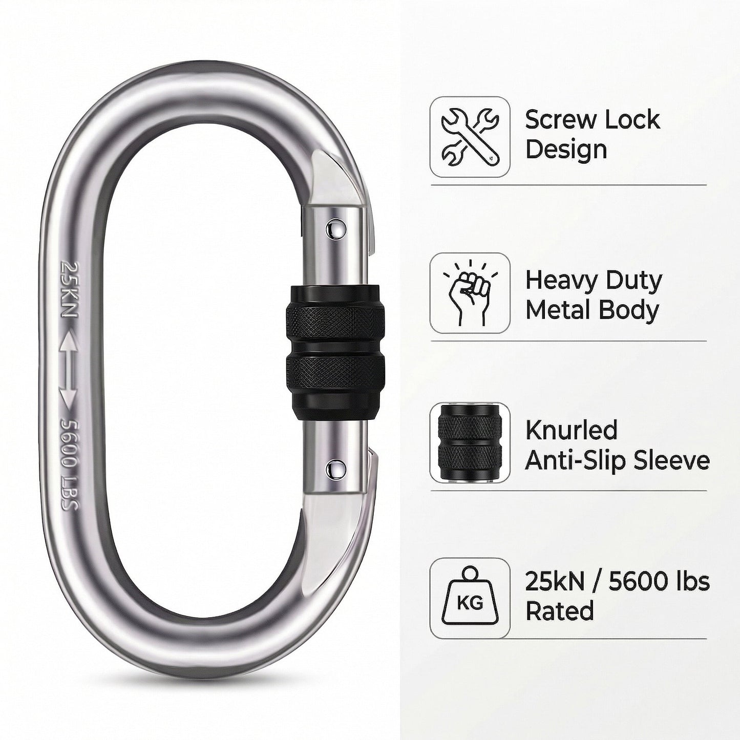 CNDRLEF Heavy Duty Locking Carabiner Clips, 25kN / 5600 lbs Screw Lock Metal Carabiners with Knurled Anti-Slip Sleeve, O-Shape for Hammocks, Camping, Gear Storage, Hanging Chair, 2 Pack