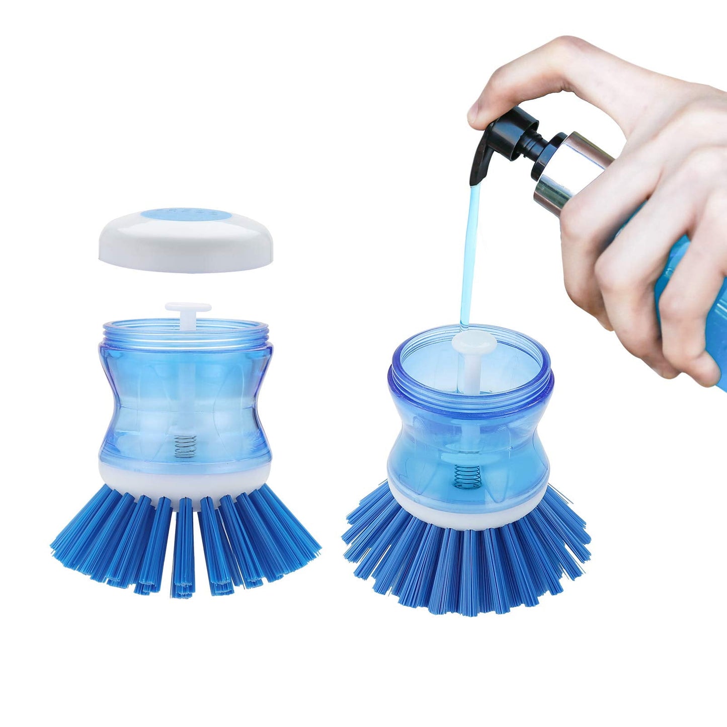 CNDRLEF Dish Brush with Soap Dispenser, 2 Pack Blue Kitchen Scrub Brush for Dishes Pots Pans, Sink Cleaning Brush with Stiff Bristles & Easy Soap Refill