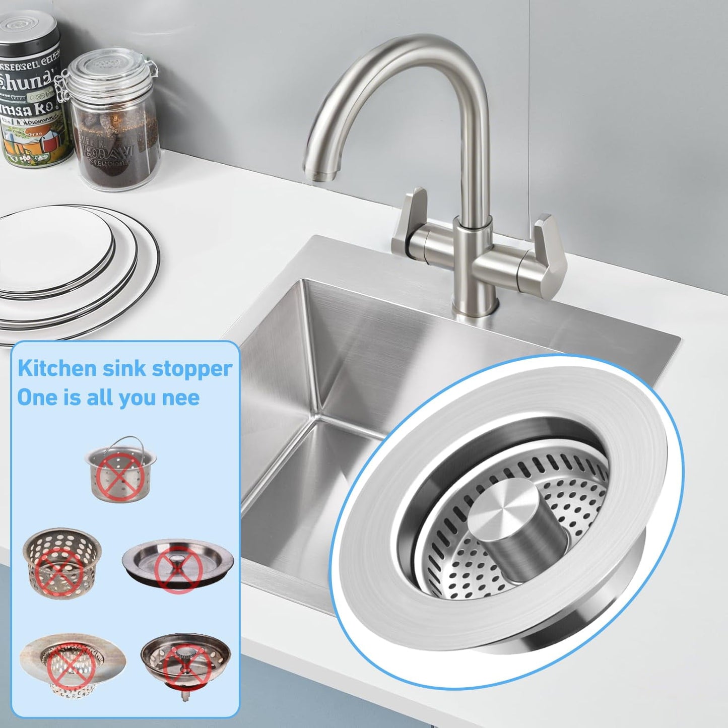CNDRLEF 3 in 1 Kitchen Sink Drain Strainer & Stopper Combo, SUS304 Stainless Steel Pop-Up Sink Strainer, Anti-Clogging & Odor Resistant Drain Filter for US Standard Kitchen Sink