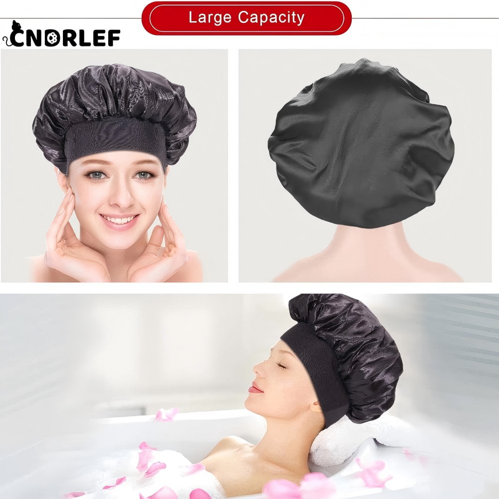CNDRLEF 4PCS Luxury Satin Sleep Bonnets - Elastic Wide Band Hair Wrap for Curly & Natural Hair, Extra Room, Shower Cap, Works for All Hair Styles/Lengths (Pink, Leopard, Black, Peacock Green)