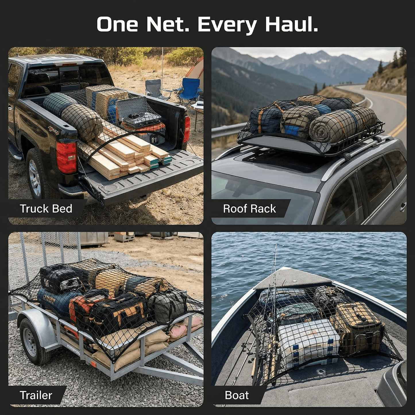 CNDRLEF Truck Bed Cargo Net, 4 x 4 ft Stretches to 7 x 7 ft, Double-Layer Mesh, 8 Metal Carabiners, Fits Pickup, SUV, Trailer, Boat