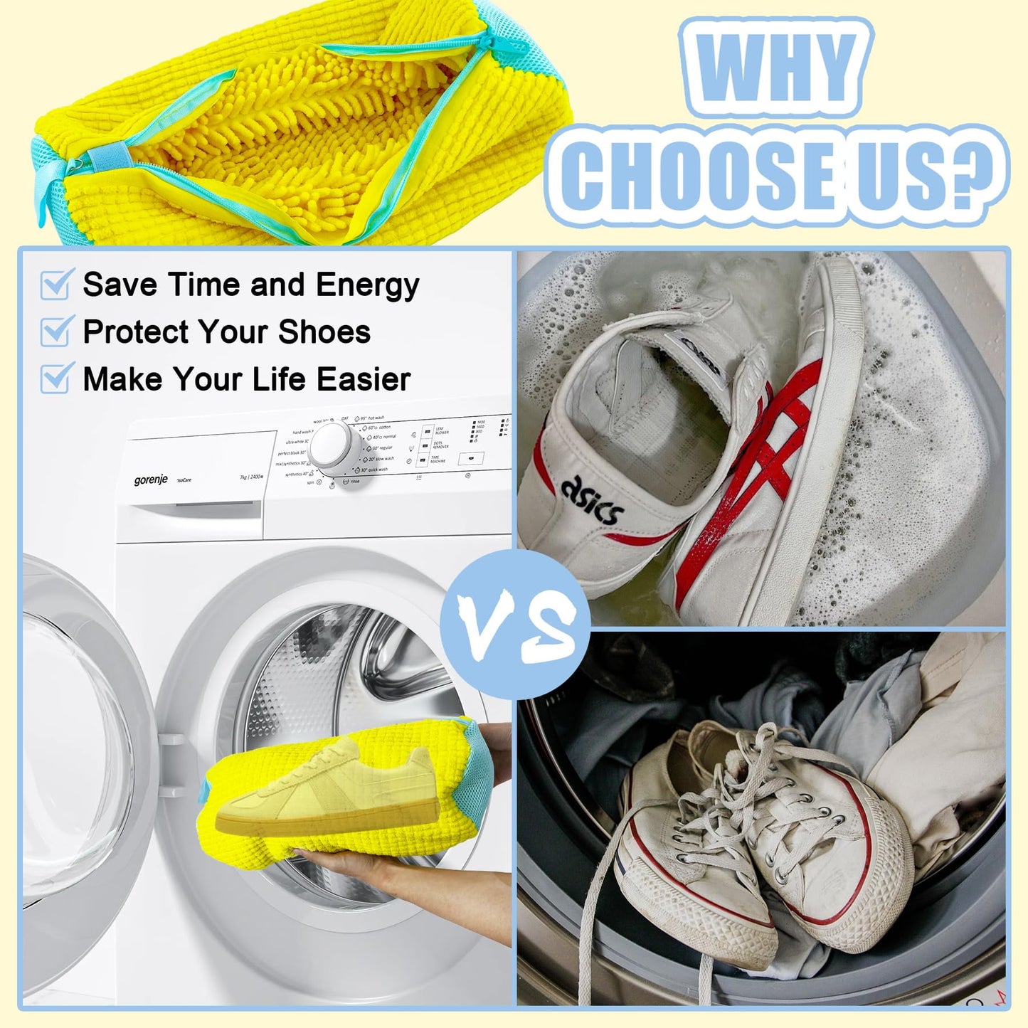 CNDRLEF Shoe Washing Bag for Washing Machine, XL Chenille Microfiber Shoe Cleaner Laundry Bag with Self-Locking Zipper, Heavy-Duty 260g Each, Yellow, 2 Pack