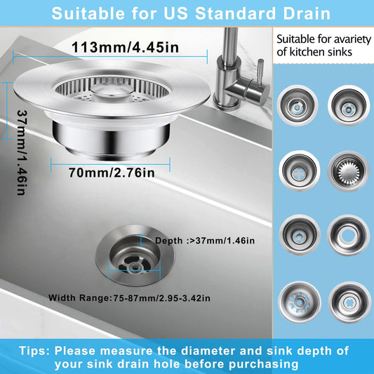 CNDRLEF 3 in 1 Kitchen Sink Drain Strainer & Stopper Combo, SUS304 Stainless Steel Pop-Up Sink Strainer, Anti-Clogging & Odor Resistant Drain Filter for US Standard Kitchen Sink