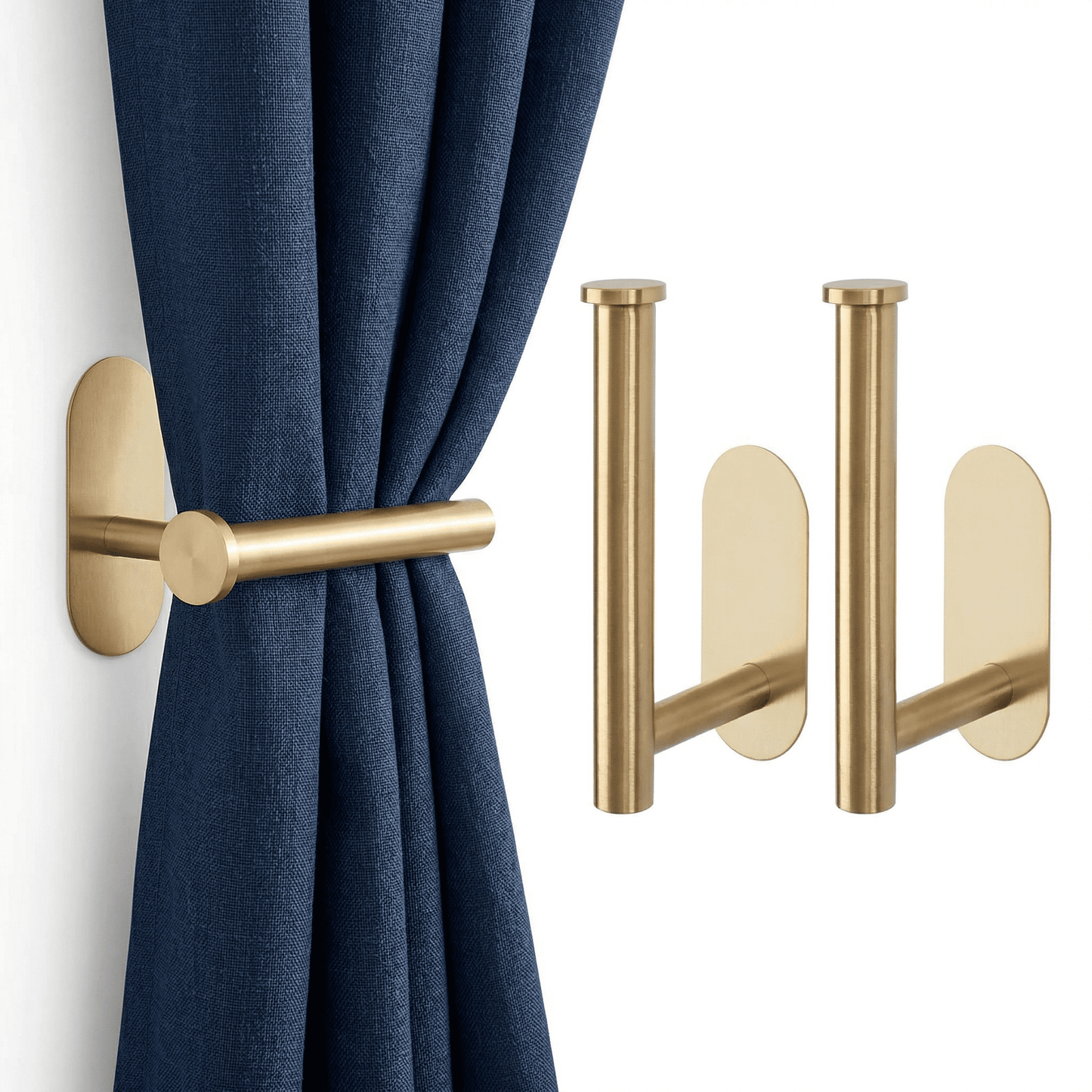 CNDRLEF Adhesive Curtain Holdbacks, 2 Pack No Drill Curtain Tie Backs, Gold Metal Curtain Holders for Drapes, Sheers & Blackout Curtains