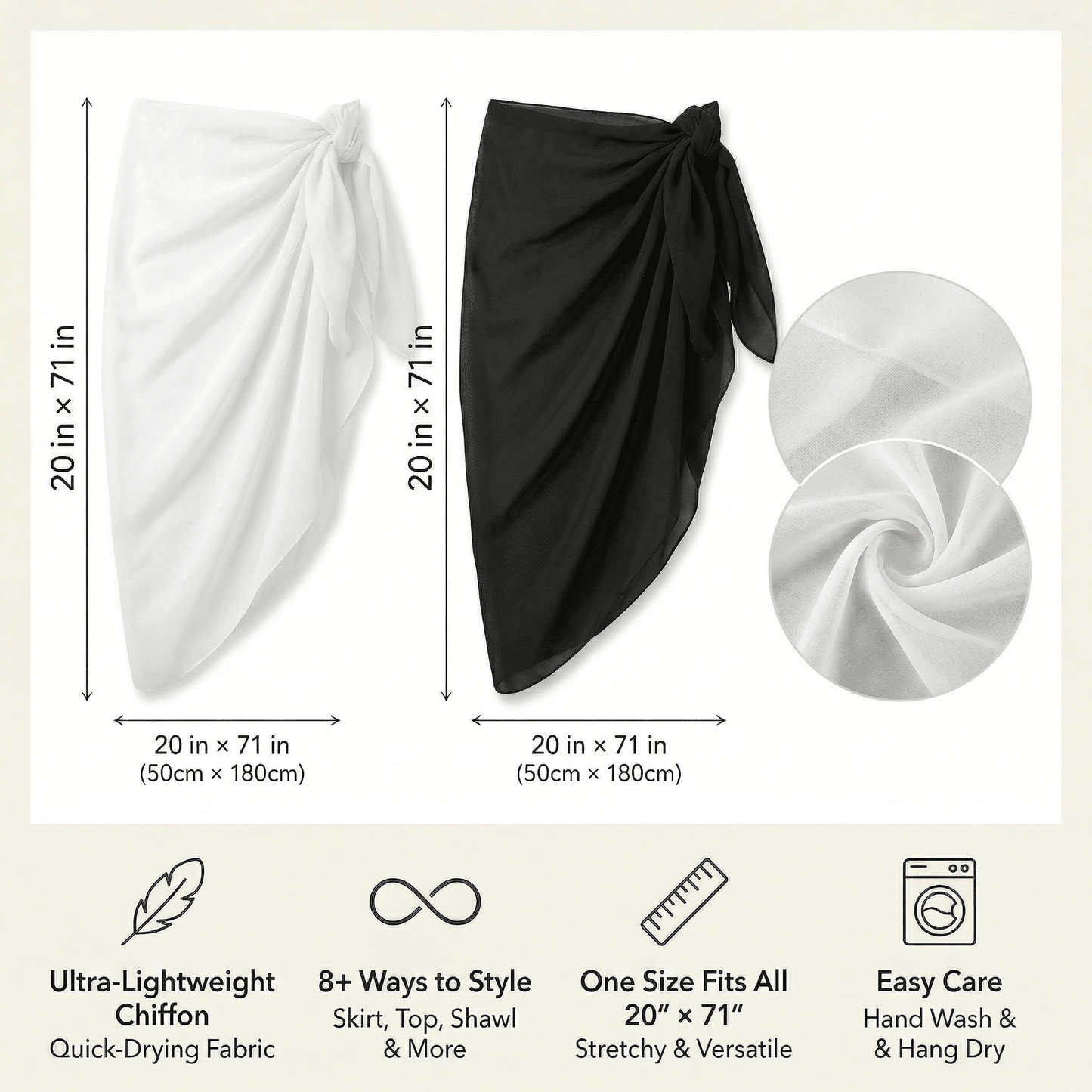 CNDRLEF 2PCS Women Beach Sarong Cover Ups, Sheer Chiffon Bikini Wrap Skirt, Lightweight Swimsuit Cover Up, Black & White, 20 x 71 in