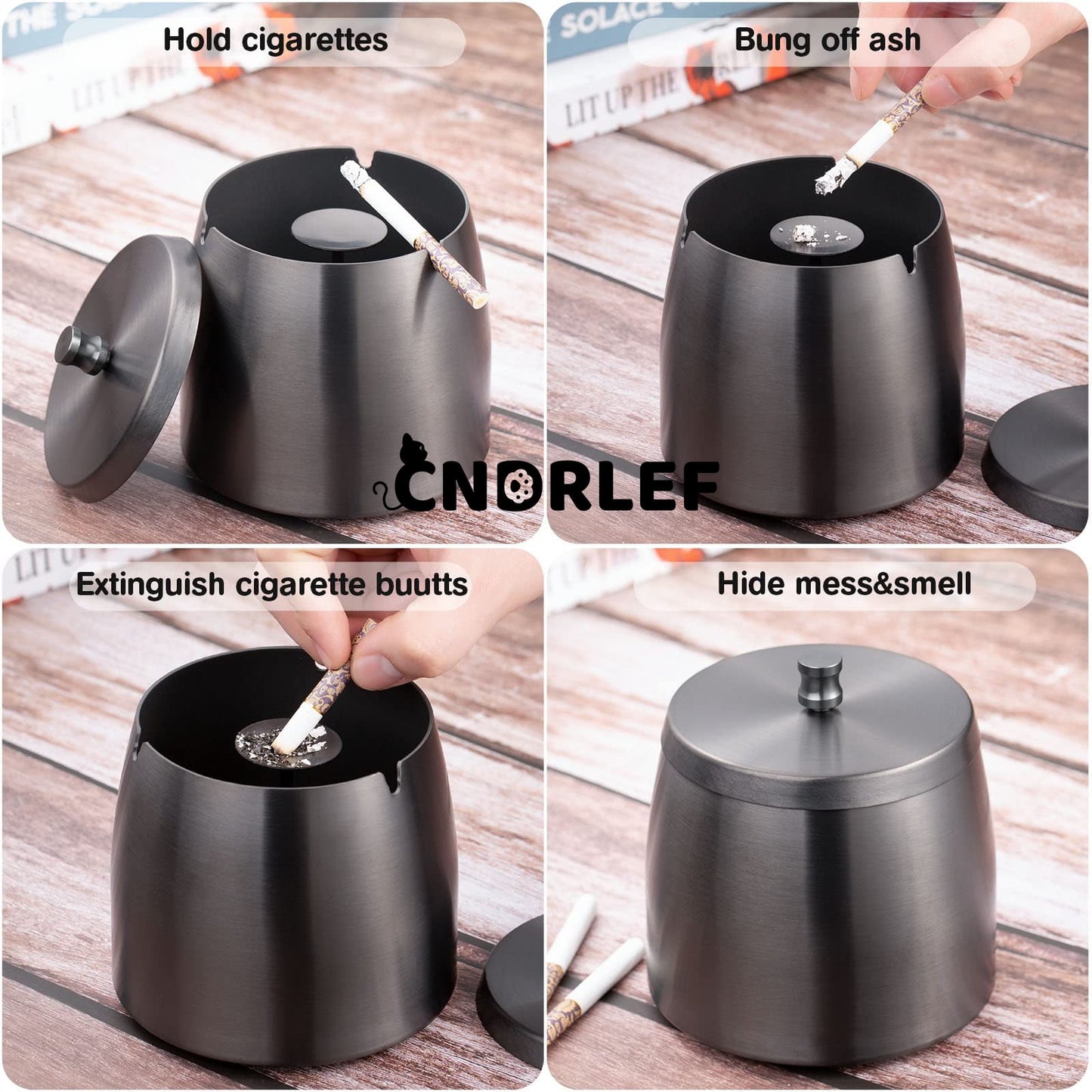 CNDRLEF Stainless Steel Ashtray with Lid, Medium Black - Windproof Smokeless Odorless Covered Ash Tray for Indoor Outdoor Home Office Patio