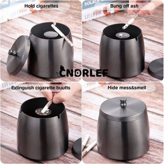 CNDRLEF Stainless Steel Ashtray with Lid, Medium Black - Windproof Smokeless Odorless Covered Ash Tray for Indoor Outdoor Home Office Patio