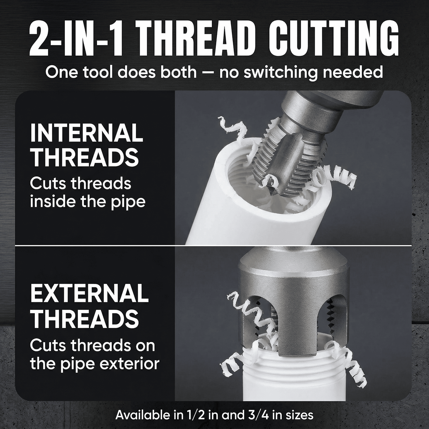 CNDRLEF PVC Pipe Threading Tool Kit, 2 Pack 1/2" & 3/4" Internal External Pipe Thread Cutter, Drill Compatible for PVC CPVC PPR PE Plastic Pipe