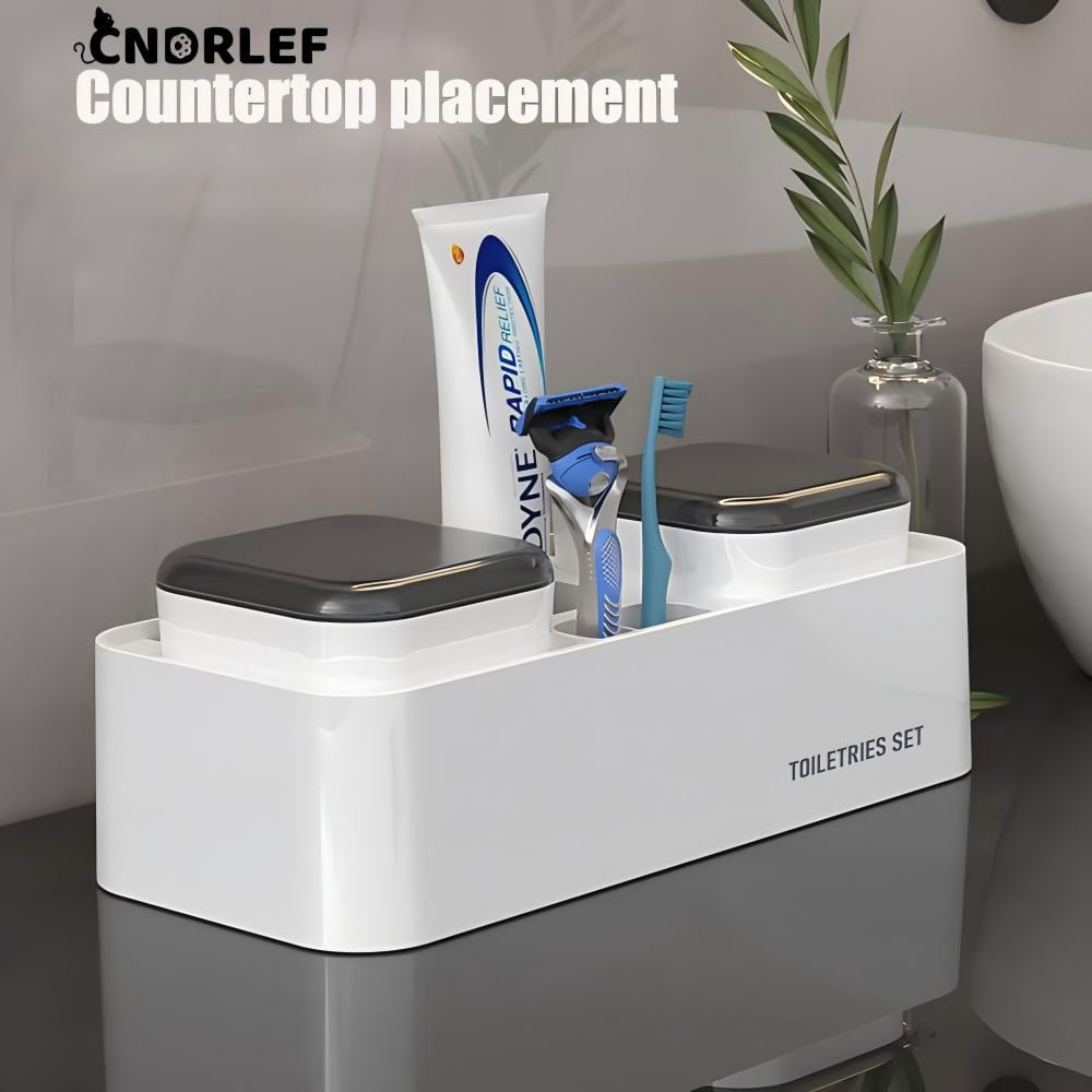 CNDRLEF Wall Mount Toothbrush Holder with 2 Black Lid Cups, Adhesive, Electric Brush Hanger & Toothpaste Shelf