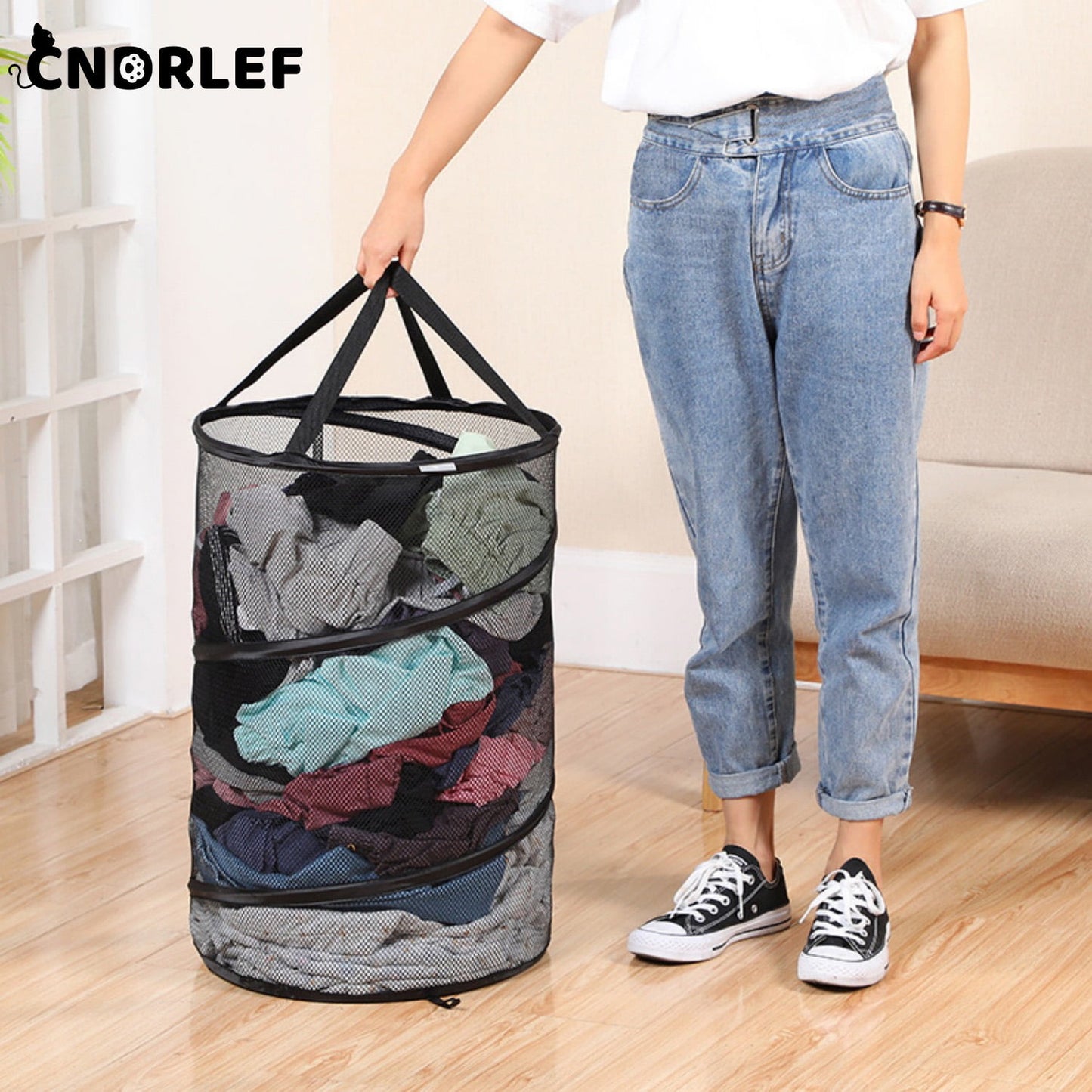 CNDRLEF 75L Pop Up Laundry Hamper, Foldable Mesh Laundry Basket with Handles, Collapsible Clothing Storage for Home, Dorm, Travel (Black)