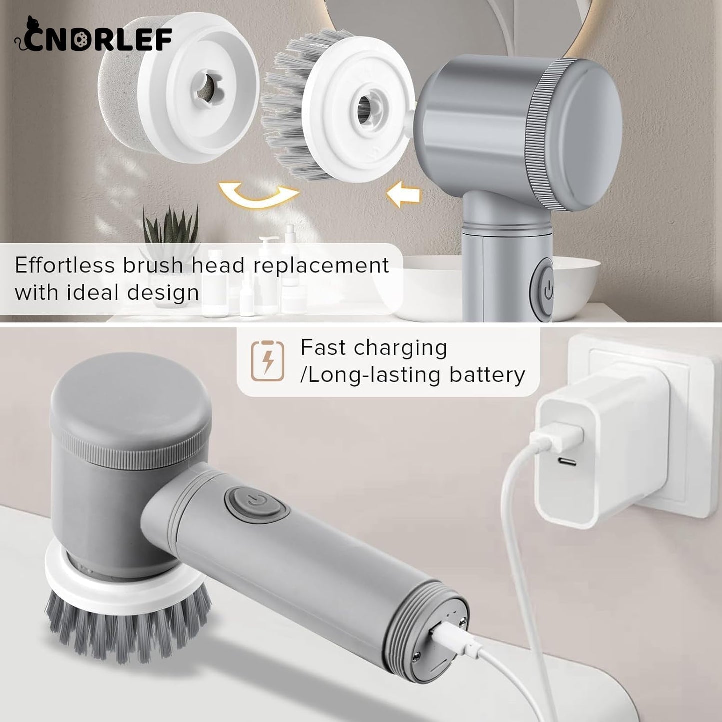 CNDRLEF Electric Spin Scrubber - Cordless 6-in-1 Multipurpose Scrubber for Bathroom, Kitchen, Tile, Sink with 6 Brush Heads, 350RPM, IPX6 Waterproof & 100Min Battery Life