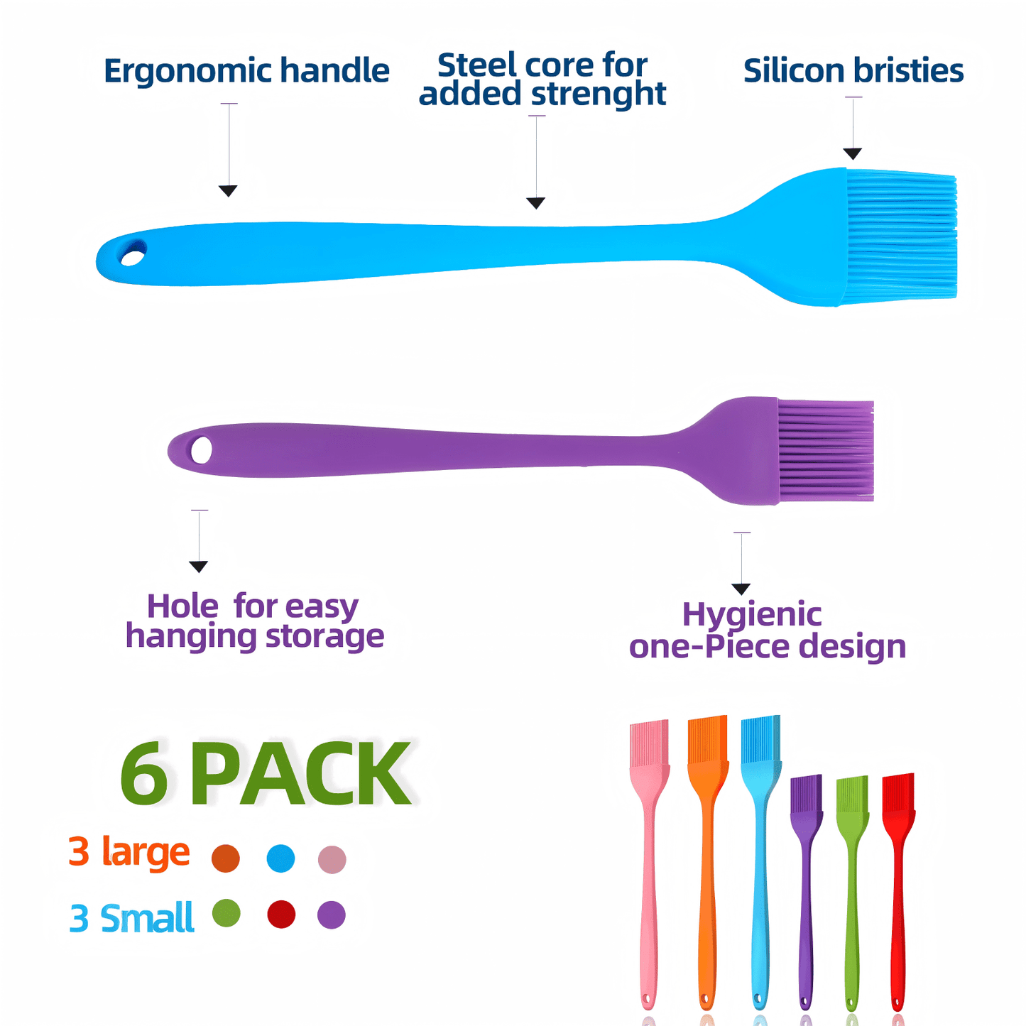 CNDRLEF 6-Pack Silicone Basting Brushes (3 Large & 3 Small), Heat Resistant Up to 480°F, Food Grade One-Piece Pastry Brushes for Baking, BBQ, Cooking, Basting Sauce, Oil, Marinade