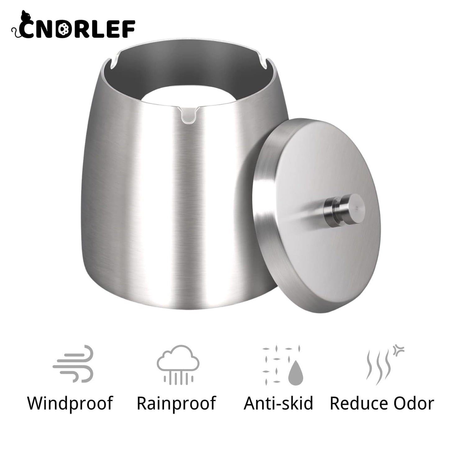 CNDRLEF Stainless Steel Ashtray with Lid, Medium Silver - Windproof Smokeless Odorless Covered Ash Tray for Indoor Outdoor Home Office Patio