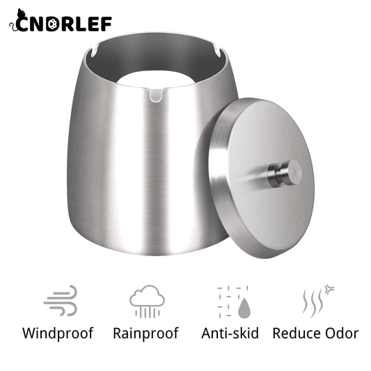 CNDRLEF Stainless Steel Ashtray with Lid, Medium Silver - Windproof Smokeless Odorless Covered Ash Tray for Indoor Outdoor Home Office Patio