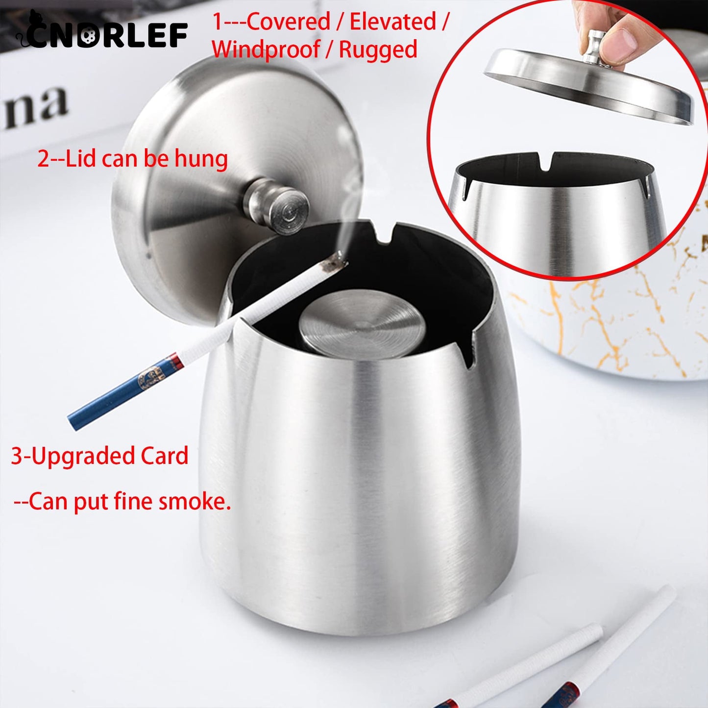 CNDRLEF Stainless Steel Ashtray with Lid, Medium Silver - Windproof Smokeless Odorless Covered Ash Tray for Indoor Outdoor Home Office Patio