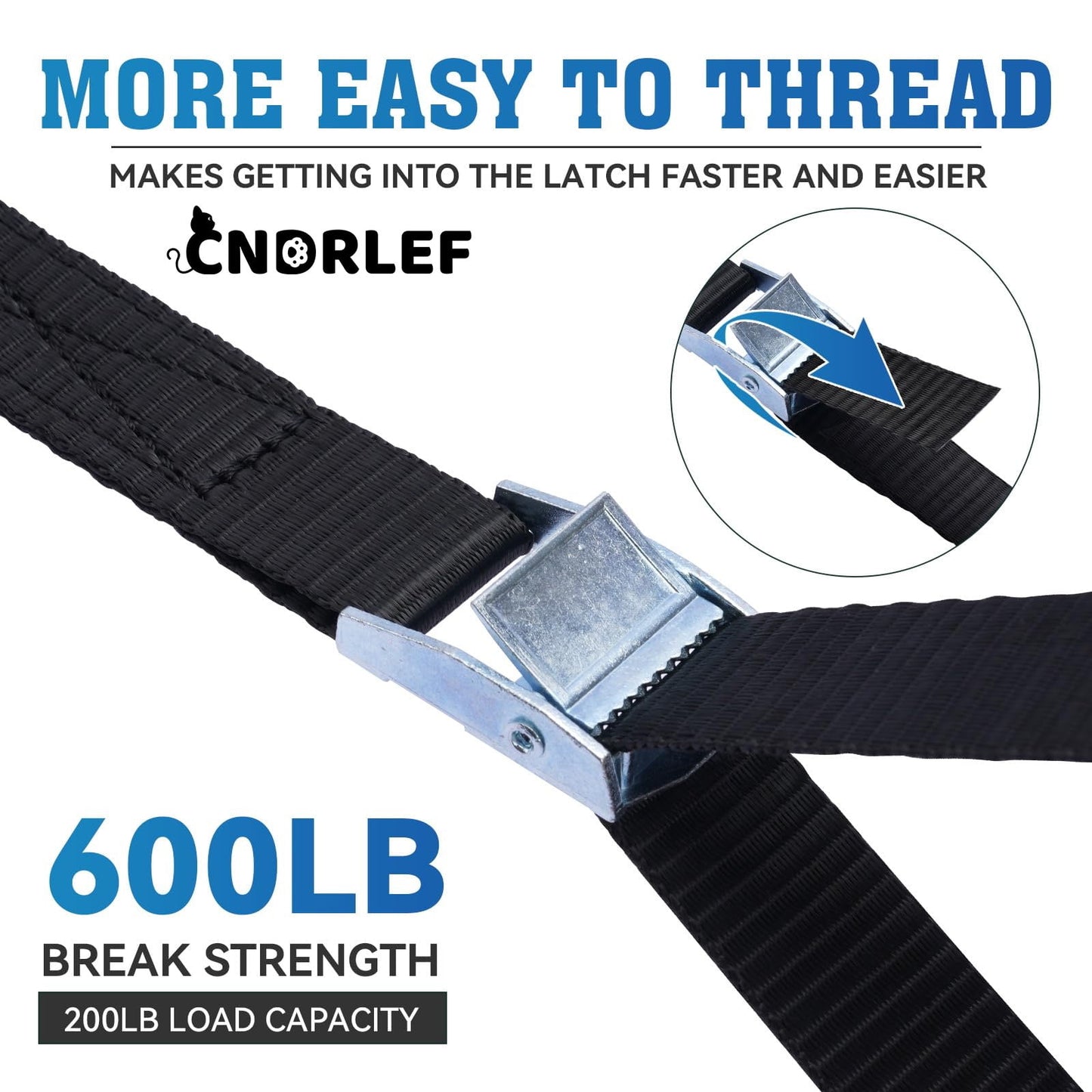 CNDRLEF Heavy Duty Tie Down Straps - 4 Pack Cam Buckle Lashing Straps for Cargo, Luggage, Roof Rack, Truck - 600LB Break Strength, Adjustable & Easy Threading