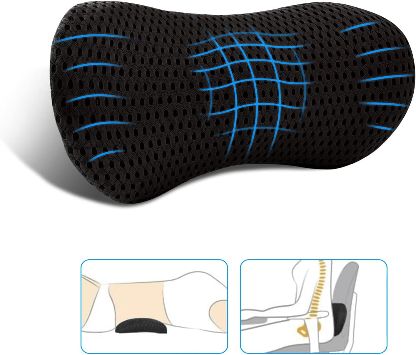 CNDRLEF Lumbar Support Pillow for Office Chair, Car Seat, Bed & Recliner - Ergonomic Memory Foam Back Cushion with Breathable Mesh, Pain Relief for Lower Back, Black