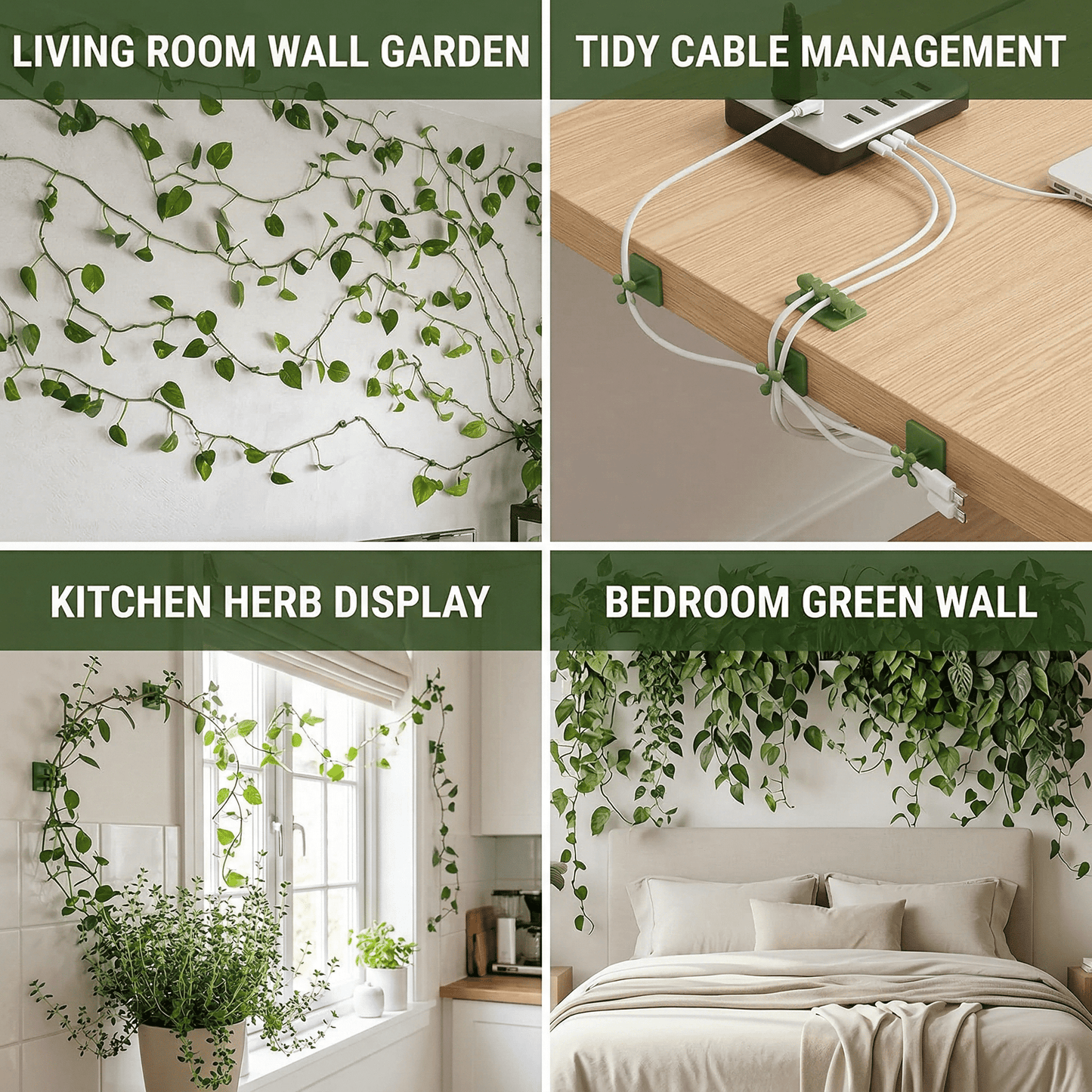 CNDRLEF Plant Wall Clips 100 Pack, Self Adhesive Vine Clips for Climbing Plants, Green Wall Plant Holder for Indoor Vines and Cable Management