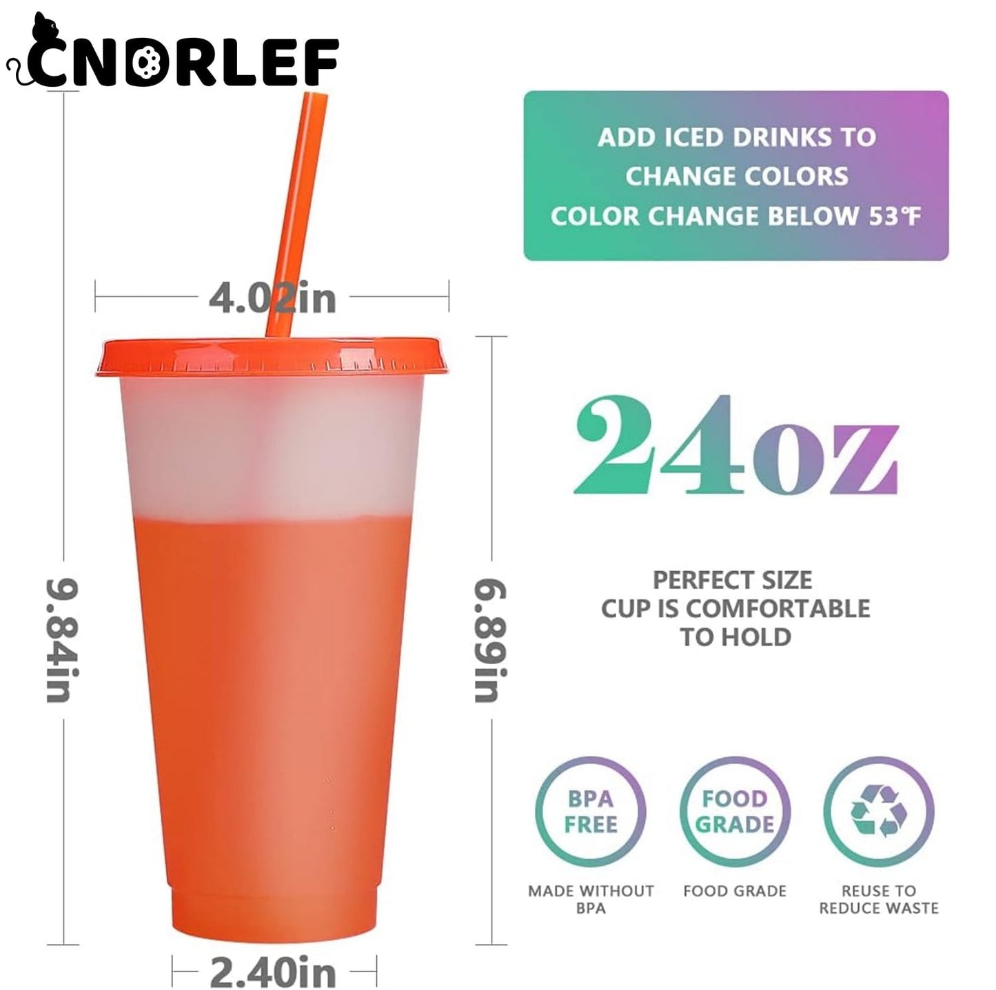 CNDRLEF [Color Changing Tumblers 24oz 10-Pack] Reusable Cups w/Straws for Iced Coffee & Smoothies | Splash-Proof, Changes Below 53°F, Fits Cup Holder | BPA-Free Drinkware