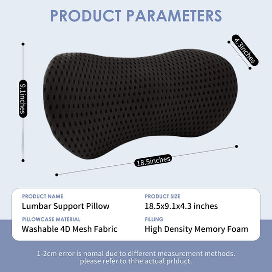 CNDRLEF Lumbar Support Pillow for Office Chair, Car Seat, Bed & Recliner - Ergonomic Memory Foam Back Cushion with Breathable Mesh, Pain Relief for Lower Back, Black