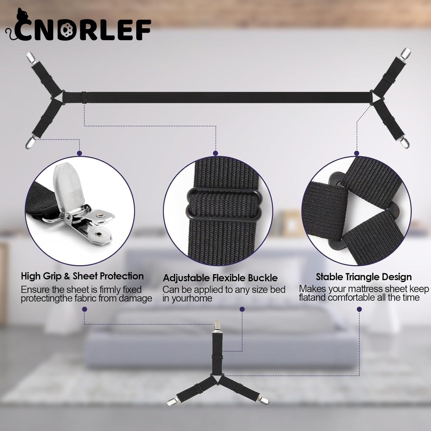 CNDRLEF Bed Sheet Straps 6PCS - Adjustable Elastic Sheet Holders for Full Size Mattress, Non-Slip Corner Clips Keep in Place