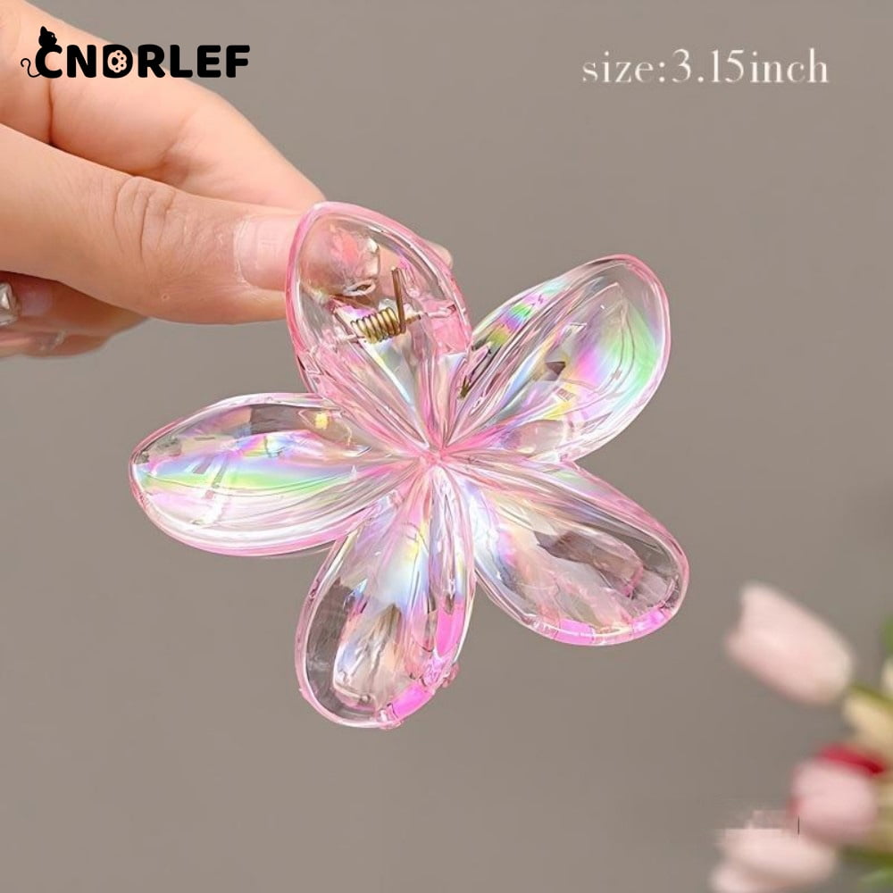 CNDRLEF 4Pcs Large Sparkle Flower Hair Clips (3.15 Inch) - Rainbow Finish for Women & Girls, Non-Slip Claw Clip for Ponytail, Bun, Braid - Gift Set (Blue, Clear, Gold, Pink)