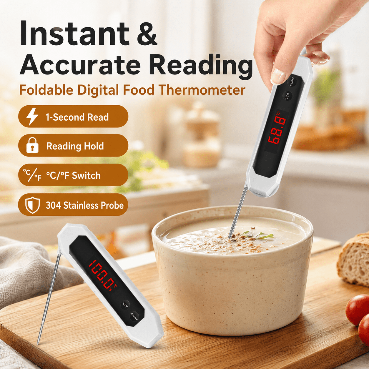 CNDRLEF Digital Meat Thermometer, Instant Read Food Thermometer with Foldable 304 Stainless Steel Probe for Cooking, BBQ, Grill, Frying, White