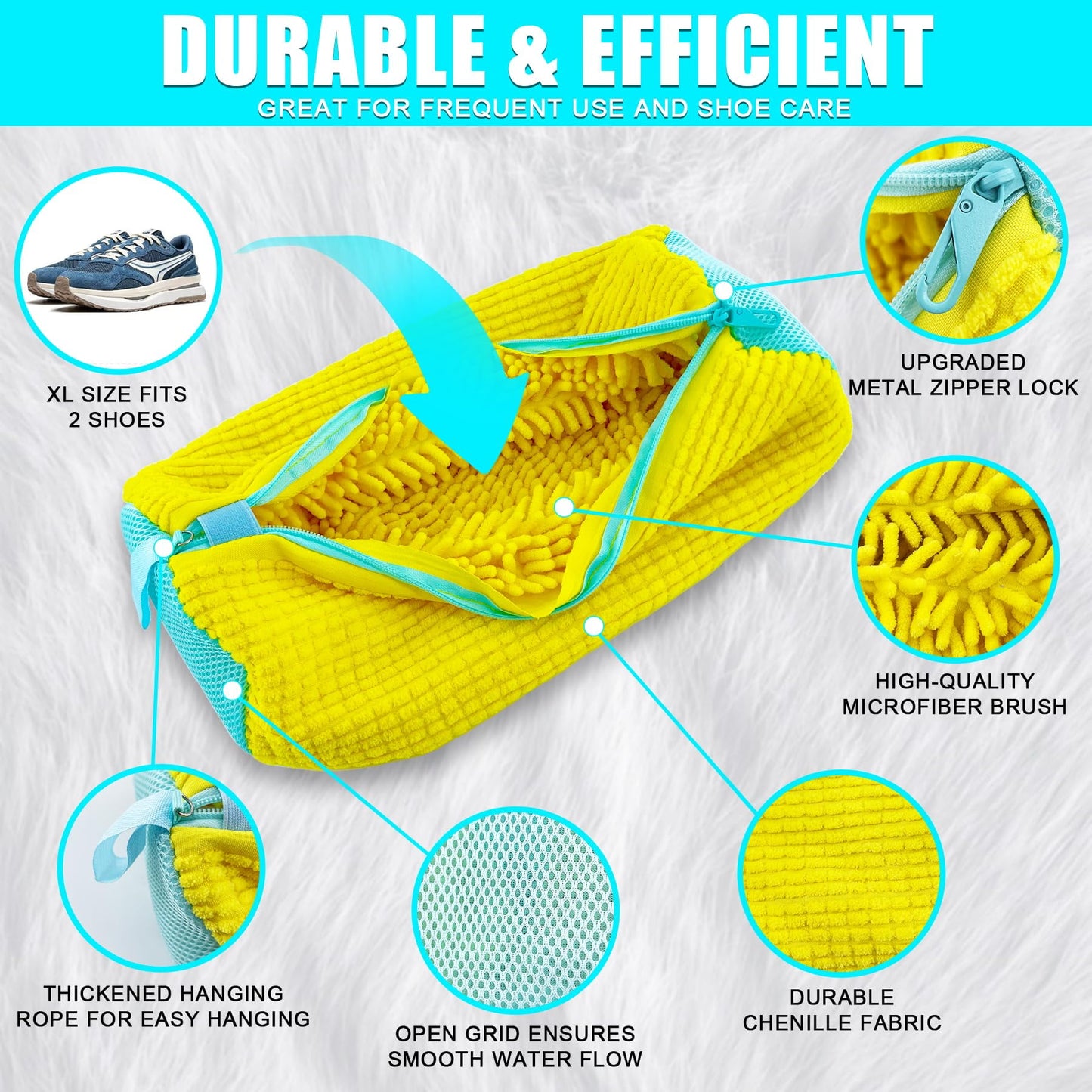 CNDRLEF Shoe Washing Bag for Washing Machine, XL Chenille Microfiber Shoe Cleaner Laundry Bag with Self-Locking Zipper, Heavy-Duty 260g Each, Yellow, 2 Pack