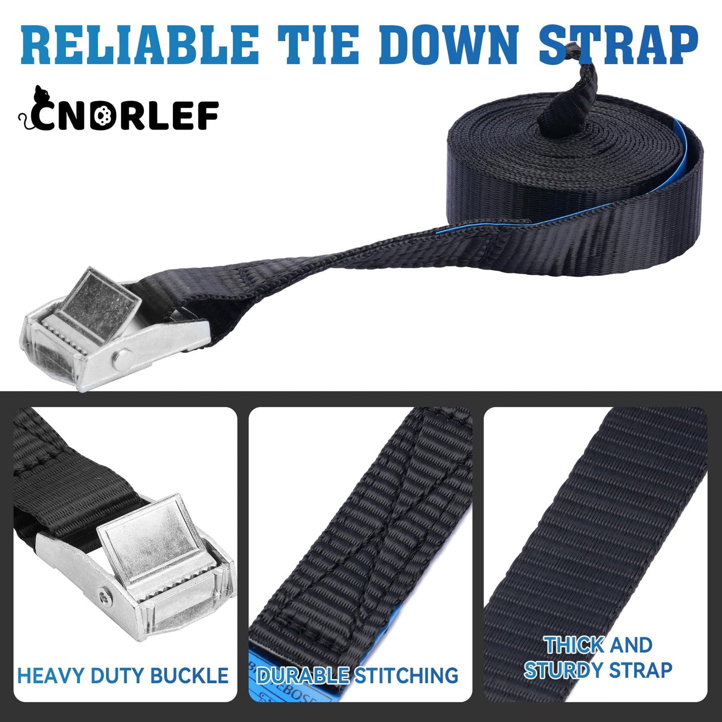 CNDRLEF Heavy Duty Tie Down Straps - 4 Pack Cam Buckle Lashing Straps for Cargo, Luggage, Roof Rack, Truck - 600LB Break Strength, Adjustable & Easy Threading