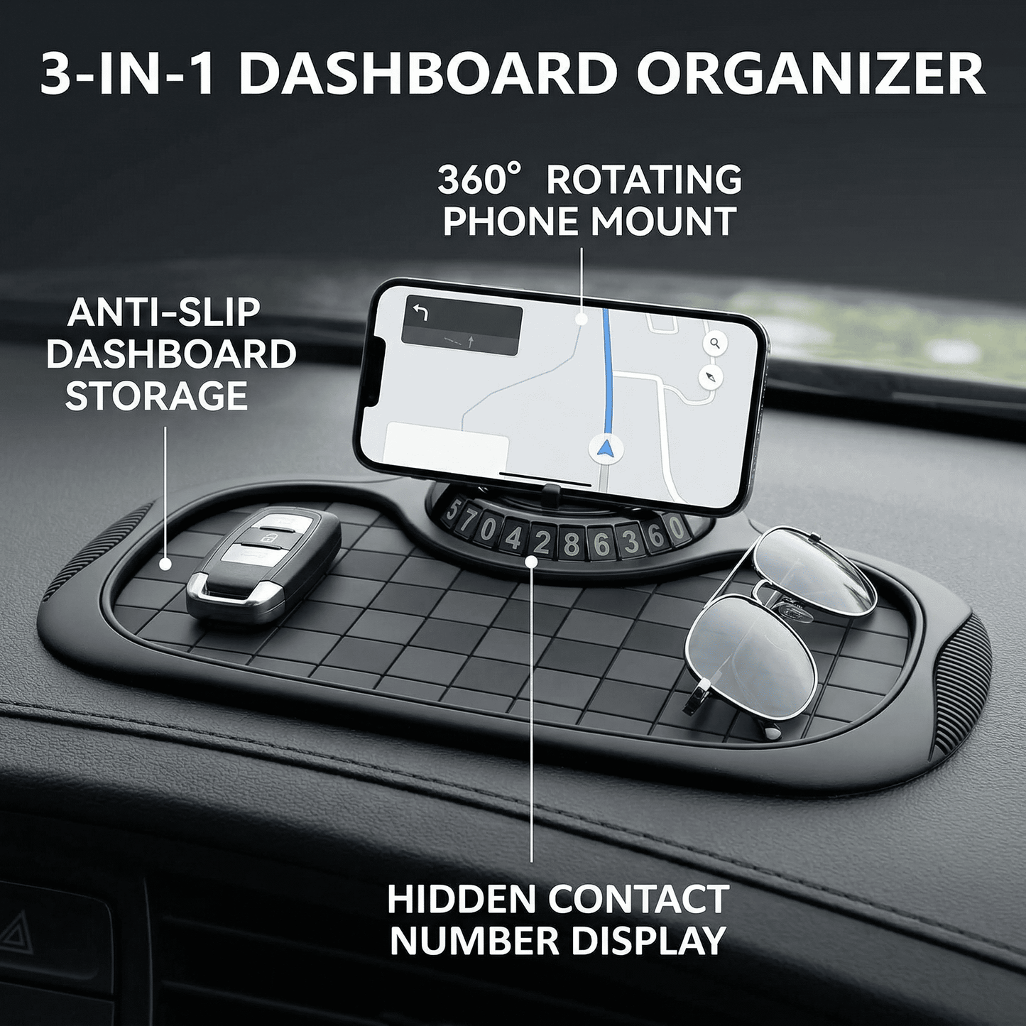 CNDRLEF Car Dashboard Organizer with Phone Holder and Parking Number Plate, Anti Slip Dash Mat, 360 Rotating Mount, 6 Number Sticker Sheets