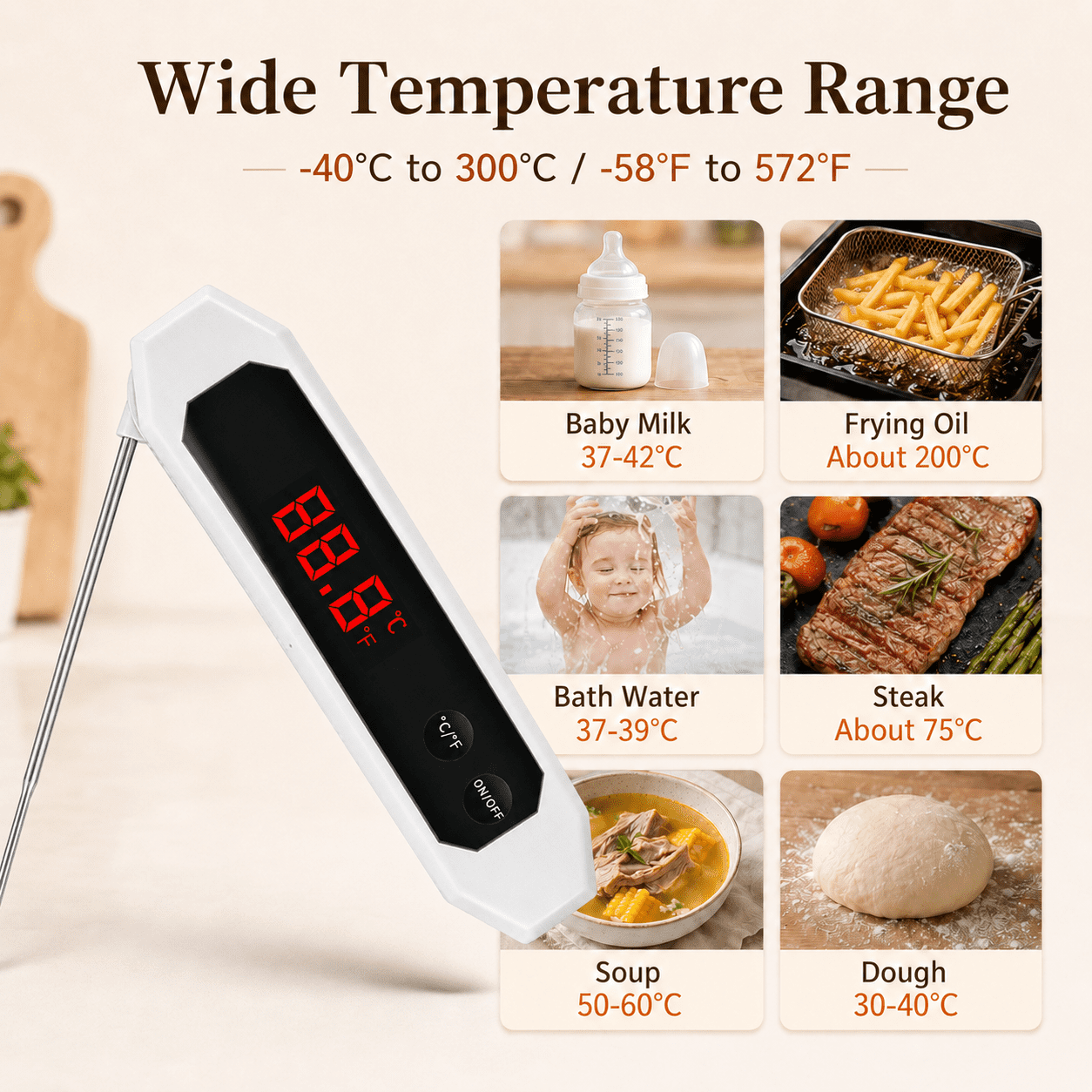 CNDRLEF Digital Meat Thermometer, Instant Read Food Thermometer with Foldable 304 Stainless Steel Probe for Cooking, BBQ, Grill, Frying, White